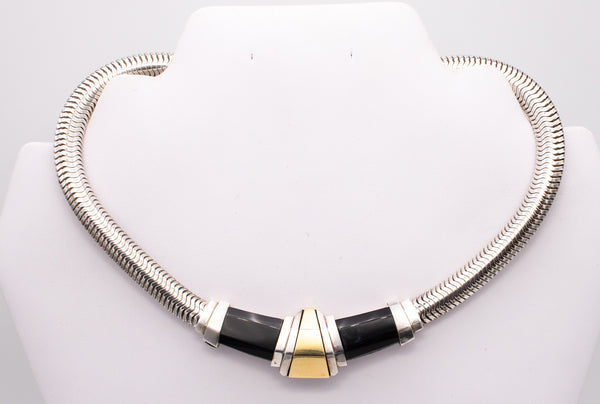 CARTIER 1930 ART DECO 18 KT GOLD & STERLING TUBOGAS NECKLACE WITH BLACK ONYX