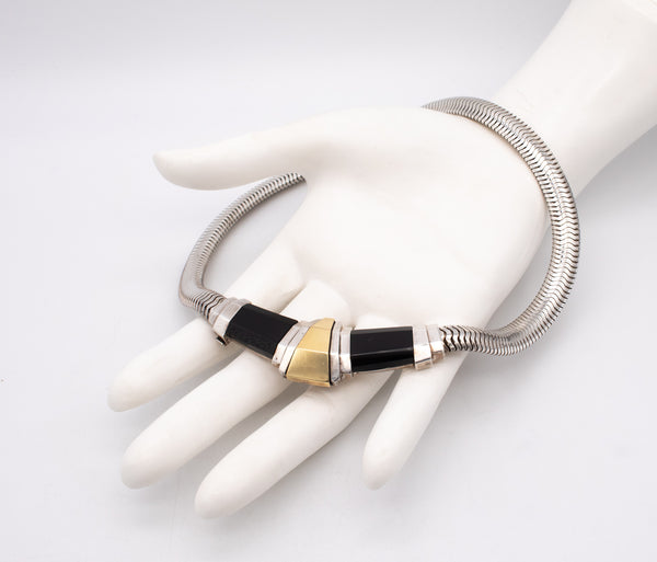 CARTIER 1930 ART DECO 18 KT GOLD & STERLING TUBOGAS NECKLACE WITH BLACK ONYX
