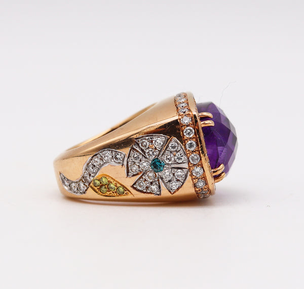 Italian Modern Cocktail Ring In 18Kt Gold With 19.77 Cts In Diamonds And Amethyst
