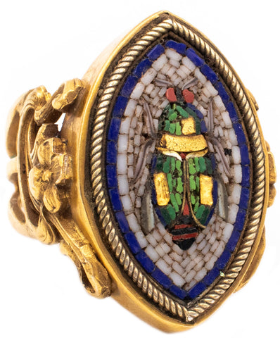 FABULOUS 1880 GRAND TOUR MICRO MOSAIC BEETLE RING IN 17 KT ART NOVEAU-EGYPTIAN REVIVAL