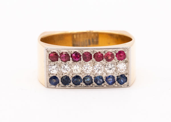 Dinh Van 1970 Paris Geometric Ring In 18Kt Gold With 1.05 Ctw Diamonds Ruby And Sapphires
