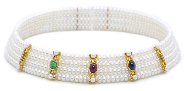 MODERN 18 KT YELLOW GOLD CHOKER NECKLACE WITH 4.55 Ctw GEMSTONES & PEARLS