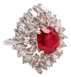 (S)Mid Century 1960 Cluster Cocktail Ring In 14Kt White Gold With 7.06 Cts In Diamonds And Oval Red Spinel