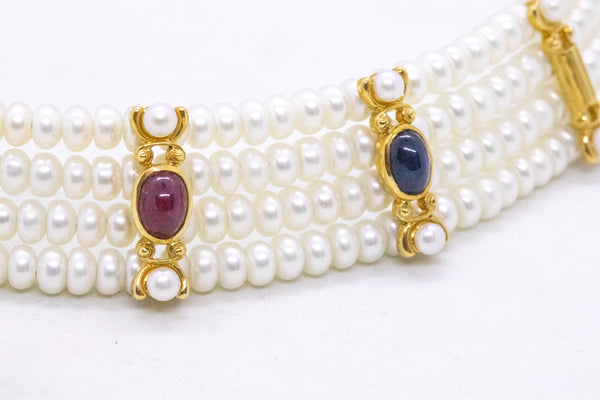 MODERN 18 KT YELLOW GOLD CHOKER NECKLACE WITH 4.55 Ctw GEMSTONES & PEARLS