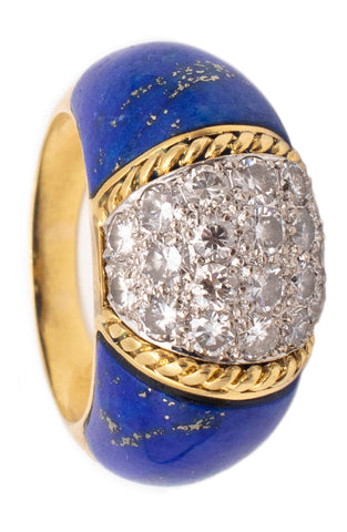 MID CENTURY 1960 OVERSIZED 18 KT GOLD & PLATINUM RING WITH 1.54 Ctw DIAMONDS AND LAPIS