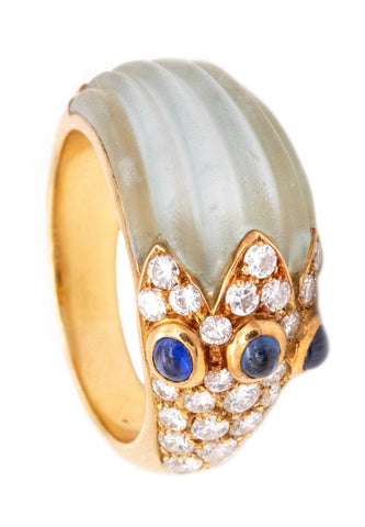 J P BELLIN PARIS 18 KT GOLD RING WITH ROCK QUARTZ AND 1.28 Ctw IN DIAMONDS & SAPPHIRES