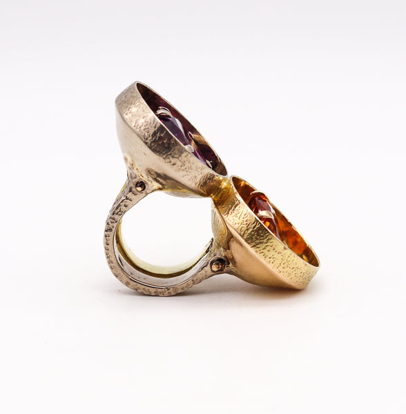 Ultra Modernist 1970 En Tremblant Double Ring In 18Kt Gold With Color Gemstones