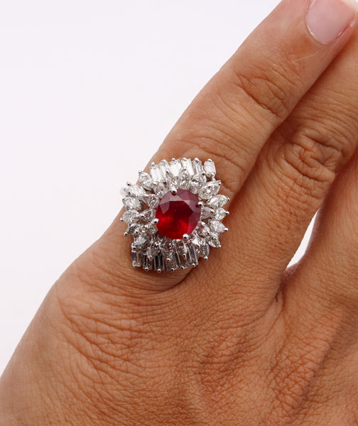 (S)Mid Century 1960 Cluster Cocktail Ring In 14Kt White Gold With 7.06 Cts In Diamonds And Oval Red Spinel