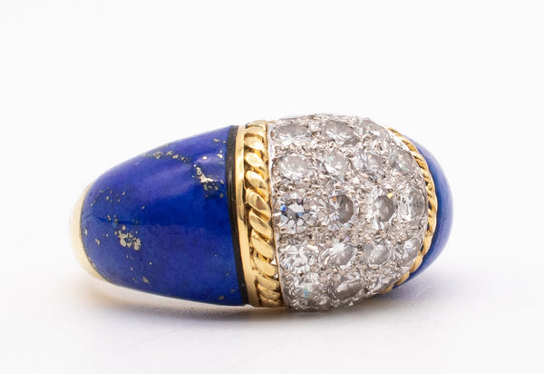 MID CENTURY 1960 OVERSIZED 18 KT GOLD & PLATINUM RING WITH 1.54 Ctw DIAMONDS AND LAPIS