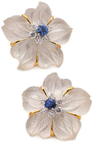 SEAMAN SCHEPPS CLEMATIS 18 KT GOLD EARRINGS IN ROCK CRYSTAL 1.24 Ctw DIAMONDS & SAPPHIRES