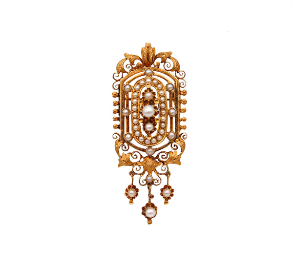 French 1880 Etruscan Revival Pendant Earrings Suite In 19Kt Gold With Natural Pearls