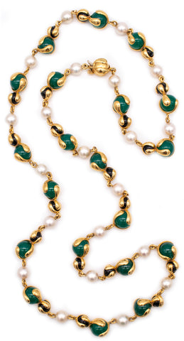 MARINA B. MILAN 18 KT GOLD "CARDAN" NECKLACE WITH CHALCEDONY, ONYX AND PEARLS