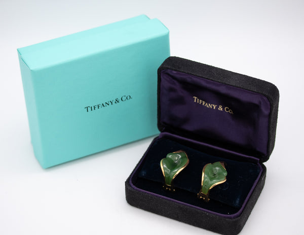 *Tiffany & Co. 1970 Elsa Peretti rare Lilies clips-earrings in 18 kt gold with nephrite jade