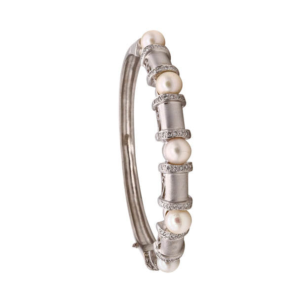 Akoya Pearls Modern Bangle Bracelet In 14 Kt White Gold With VS Diamonds