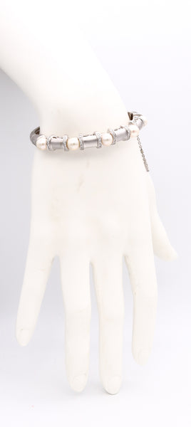 Akoya Pearls Modern Bangle Bracelet In 14 Kt White Gold With VS Diamonds