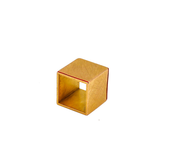 -Giampaolo Babetto 1981 Artistic Geometric Cubic Ring In 18Kt Gold With Red Enamel