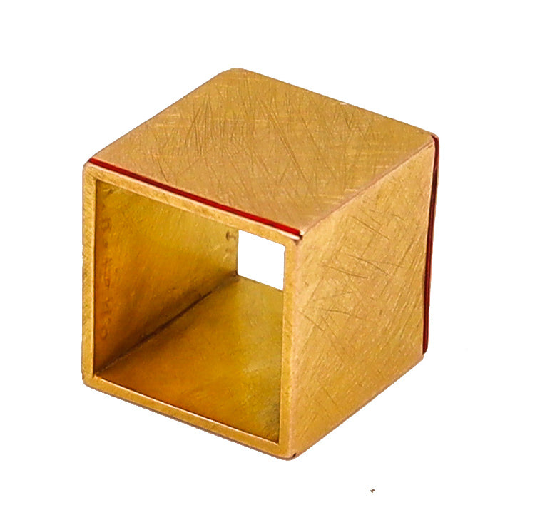 -Giampaolo Babetto 1981 Artistic Geometric Cubic Ring In 18Kt Gold With Red Enamel