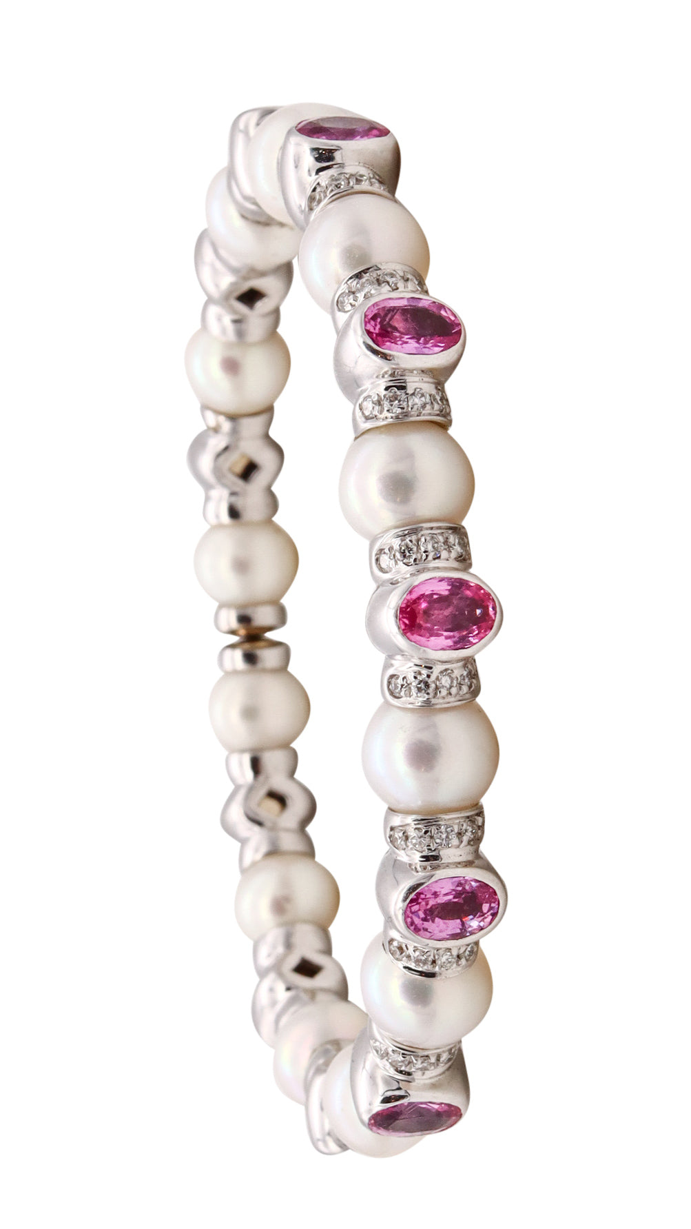 *Modern Akoya pearls cuff bracelet in 18 kt white gold with 6.15 Cts in diamonds and pink sapphires