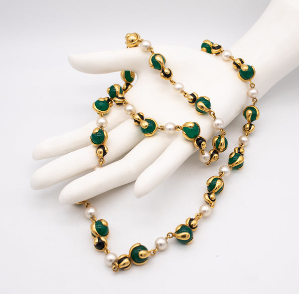 MARINA B. MILAN 18 KT GOLD "CARDAN" NECKLACE WITH CHALCEDONY, ONYX AND PEARLS