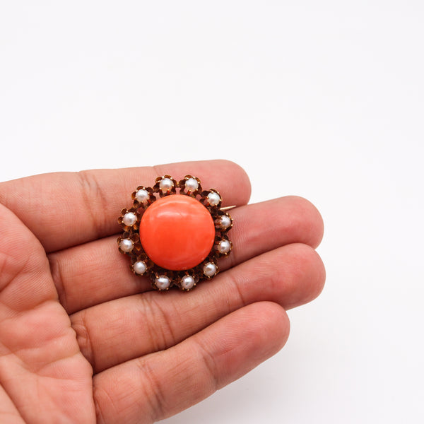 Victorian 1880 Etruscan Pendant Brooch In 18Kt Yellow Gold With Coral And Natural Pearls
