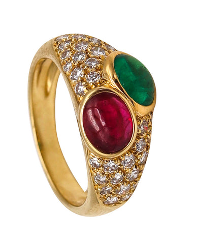 -Bvlgari France Doppio Ring In 18Kt Gold With 2.74 Ctw In Diamonds Emerald & Ruby