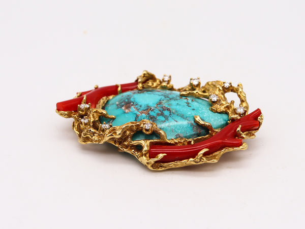 Arthur King 1960 Organic Pendant Brooch In 18Kt Gold With 106.41 Cts In Diamonds Turquoise & Coral