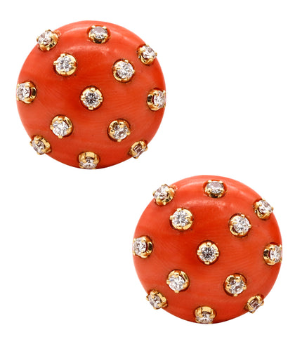 *Missiaglia Venezia 1960 Button clips-earrings in 18 kt yellow gold with coral and 1.56 Cts in diamonds