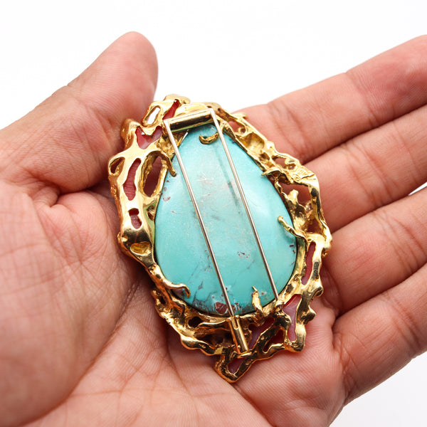 Arthur King 1960 Organic Pendant Brooch In 18Kt Gold With 106.41 Cts In Diamonds Turquoise & Coral