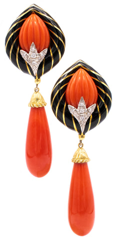 Modernist 1970 Convertible Drop Earrings In 18Kt Gold And Platinum With Diamonds And Red Coral