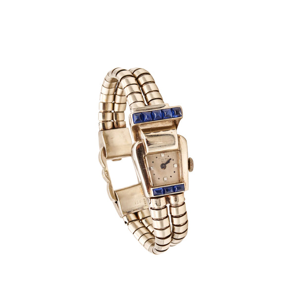 Mauboussin GIA Certified 1950 Retro Machine Age Watch In 18Kt White Gold With 3.52 Cts Pailin Sapphires
