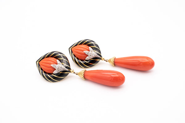 Modernist 1970 Convertible Drop Earrings In 18Kt Gold And Platinum With Diamonds And Red Coral