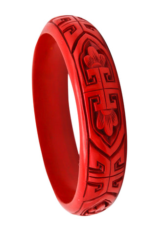 China 1890 1910 Antique Victorian Geometric Bracelet In Red Cinnabar Lacquer Wood