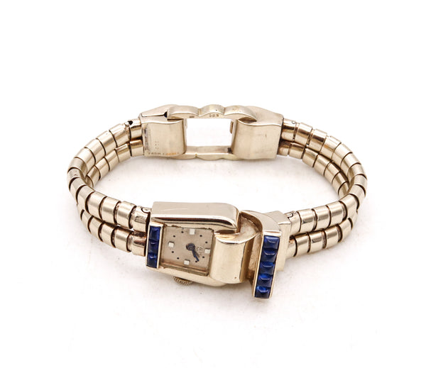 Mauboussin GIA Certified 1950 Retro Machine Age Watch In 18Kt White Gold With 3.52 Cts Pailin Sapphires