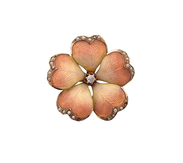 -Art Nouveau 1905 Edwardian Enameled Flower Pendant Brooch in 14Kt Gold With Pearls And Diamond