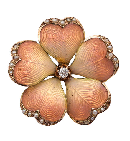 -Art Nouveau 1905 Edwardian Enameled Flower Pendant Brooch in 14Kt Gold With Pearls And Diamond