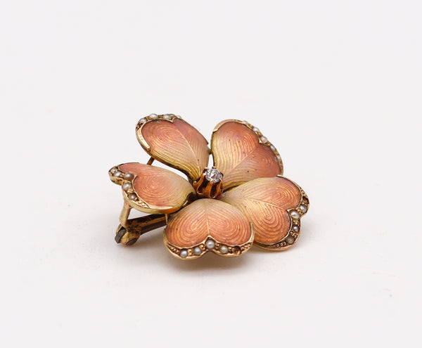 -Art Nouveau 1905 Edwardian Enameled Flower Pendant Brooch in 14Kt Gold With Pearls And Diamond