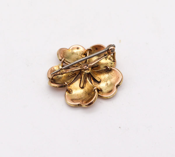 -Art Nouveau 1905 Edwardian Enameled Flower Pendant Brooch in 14Kt Gold With Pearls And Diamond