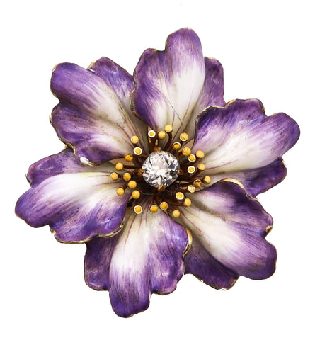 A. J. Hedge 1905 Art Nouveau Flower Enamel Pendant Brooch In 18Kt Gold With Diamond