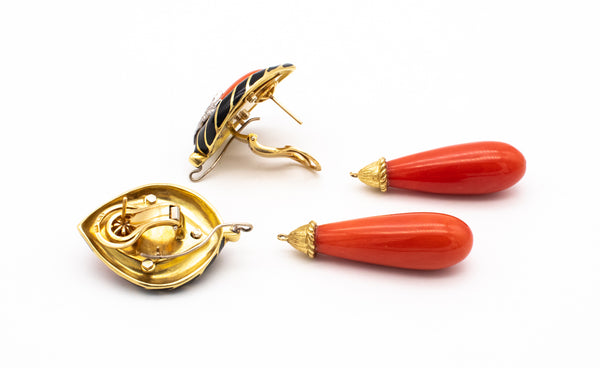 Modernist 1970 Convertible Drop Earrings In 18Kt Gold And Platinum With Diamonds And Red Coral