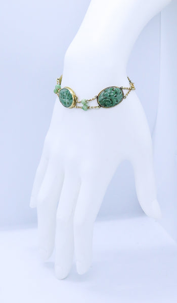 BRITISH JADEITE GREEN JADE 14 KT ART DECO BRACELET