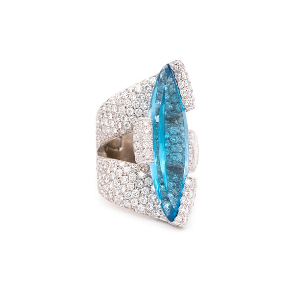 *Palmiero Milan 18 kt white gold ring with 18.98 Ctw in diamonds & Aquamarine