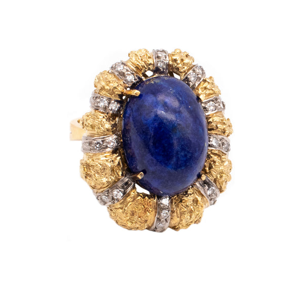 Italian 1960 Mid Century Rare Venetian 18Kt Cocktail Ring With 12.42 Cts In Diamonds And Lapis Lazuli