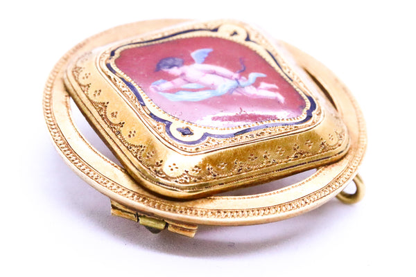 *Victorian era 1850 British colorful round Pendant brooch in 18 kt yellow gold with enameled Putti