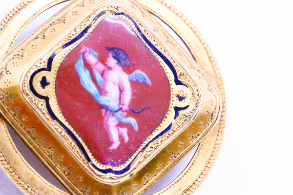 *Victorian era 1850 British colorful round Pendant brooch in 18 kt yellow gold with enameled Putti