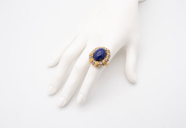 Italian 1960 Mid Century Rare Venetian 18Kt Cocktail Ring With 12.42 Cts In Diamonds And Lapis Lazuli