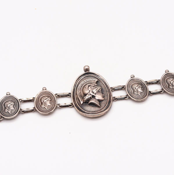 French 1890 Grand Tour Neoclassic Medallion Bracelet in Solid Sterling Silver