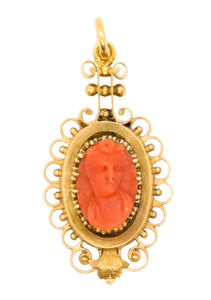 ETRUSCAN RED CORAL MINIATURE CAMEO 18 KT CHARM