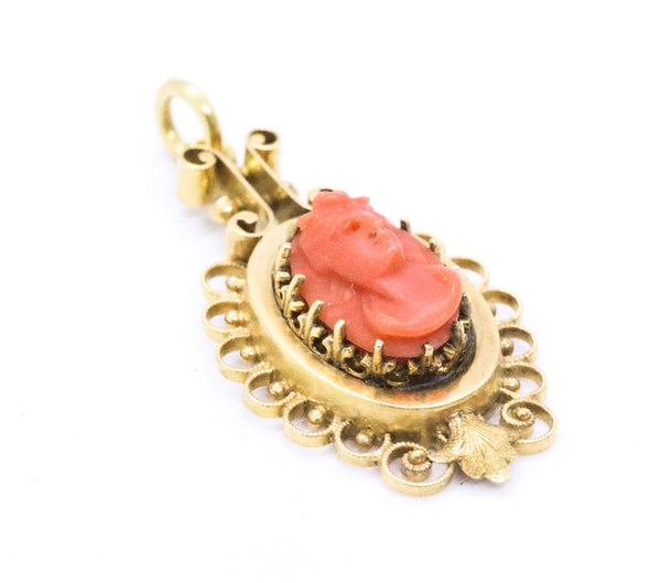 ETRUSCAN RED CORAL MINIATURE CAMEO 18 KT CHARM