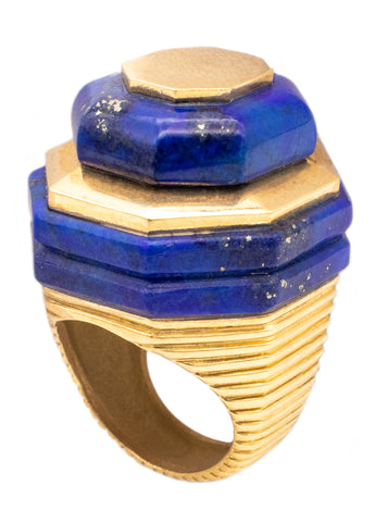 ROBERT WANDER 1970 RARE 18 KT GOLD STATEMENT GEOMETRIC RING WITH LAPIS LAZULI