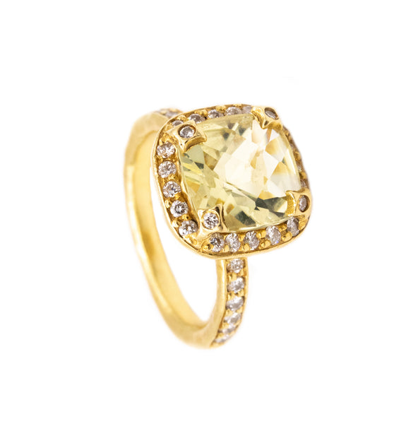 SEIDENGANG 18 KT YELLOW GOLD RING WITH 4.47 Ctw IN DIAMONDS AND LEMON QUARTZ